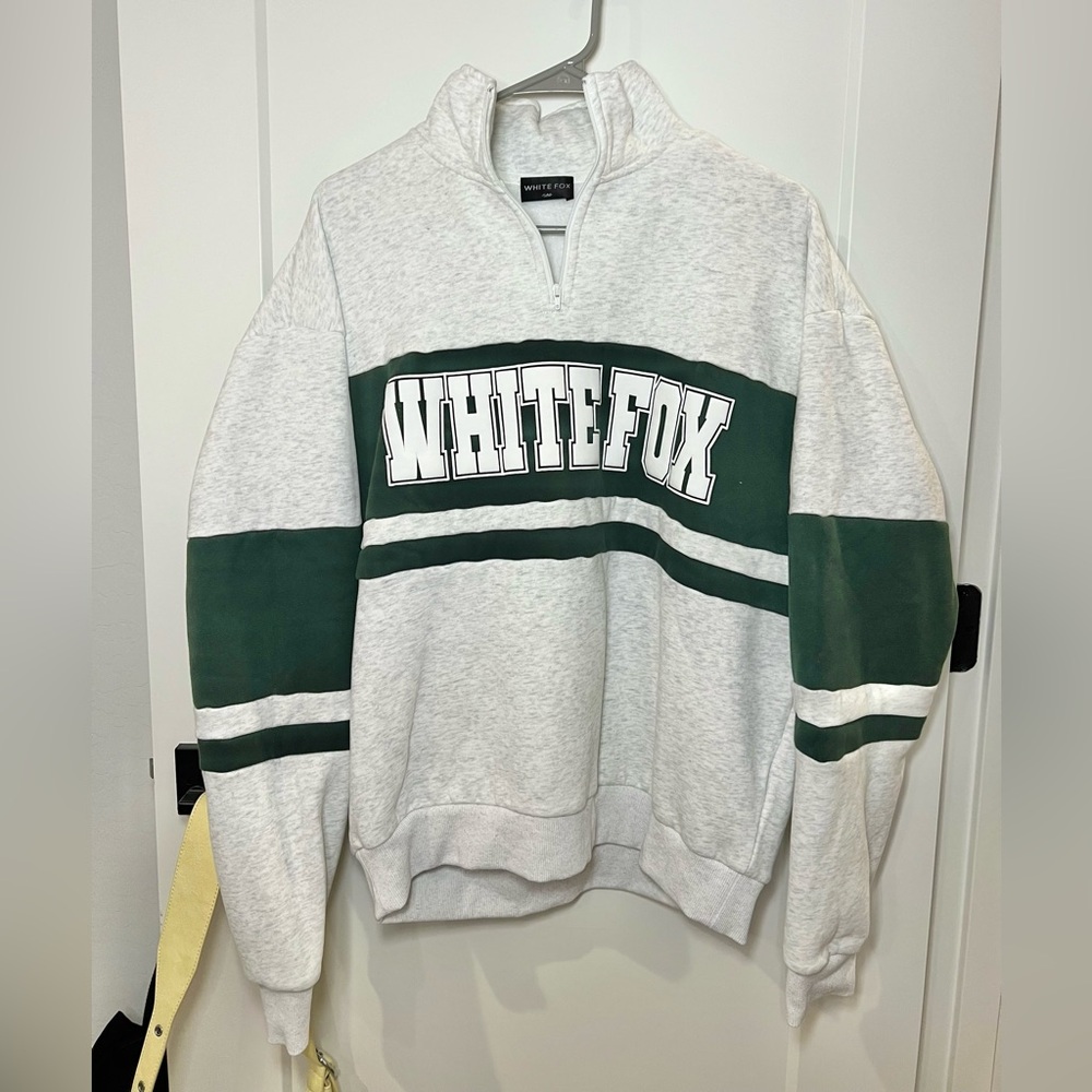 White Fox Boutique Gray and Dark Green Quarter-Zip Sweatshirt